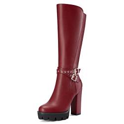 Castamere Damen Chunky Blockabsatz Hoher High Absatz Heel Geschlossene Runde Zehenkappe Mid Calf Reißverschluss Schnalle Büroschuhe Klassisch Stiefel Burgund Rot 37 EU von Castamere