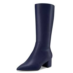 Castamere Damen Chunky Blockabsatz Mittlerem Absatz Heel Spitze Zehenkappe Mid Calf Reißverschluss Stiefel Hochzeit Cute 5 CM Heels Navy Blau 35 EU von Castamere