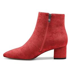 Castamere Damen Chunky Blockabsatz Niedrige Kitten Absatz Heel Geschlossene Spitze Zehenkappe Stiefeletten Slip-on Reißverschluss Büroschuhe Klassisch Dress Stiefel Rot Wildleder 38 EU von Castamere