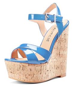 Castamere Damen High Heels Plattform Wedge Keilsandale Mode Peep-Toes Ankle Strap Keilabsatz Shoes Blau Lackleder Schuhe EU37 von Castamere