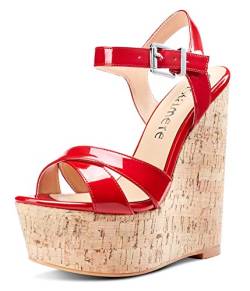 Castamere Damen High Heels Plattform Wedge Keilsandale Mode Peep-Toes Ankle Strap Keilabsatz Shoes Rot Lackleder Schuhe EU 35 von Castamere