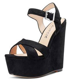 Castamere Damen High Heels Plattform Wedge Keilsandale Mode Peep-Toes Ankle Strap Keilabsatz Shoes Schwarz Wildleder Schuhe EU 35 von Castamere