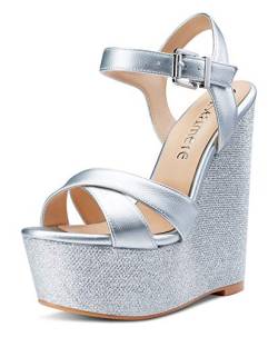 Castamere Damen High Heels Plattform Wedge Keilsandale Mode Peep-Toes Ankle Strap Keilabsatz Shoes Silber Pu Schuhe EU 40 von Castamere