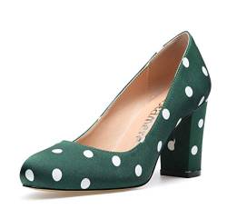 Castamere Damen High Heels Runde Zehen Partie Pumps Blockabsatz 8CM Satin Polka Dots Grün Schuhe EU 38.5 von Castamere