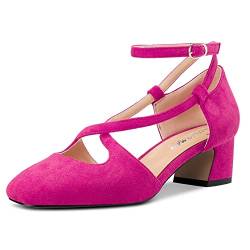 Castamere Damen Mittlerem Chunky Blockabsatz Absatz Heel Eckige Zehenkappe Kreuzriemen Pumps Party Cute Schuhe Magenta Rot Wildleder A 41 EU von Castamere