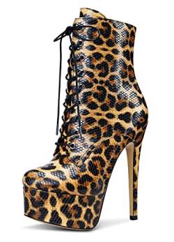 Castamere Damen Plattform Mode-Stiefel Reißverschluss Knöchelhoch Boots Stilettos 15CM High Heels Braun Leopard Schuhe EU 38 von Castamere