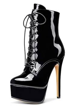Castamere Damen Plattform Mode-Stiefel Reißverschluss Knöchelhoch Boots Stilettos 15CM High Heels Schwarz Lackleder Schuhe EU 45 von Castamere
