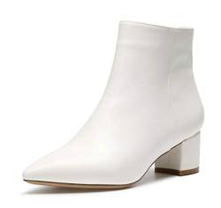 Castamere Damen Reißverschluss Stiefeletten Blockabsatz Spitzen Zehen Mittel Heel 5CM Weiß Pu Schuhe EU 38.5 von Castamere