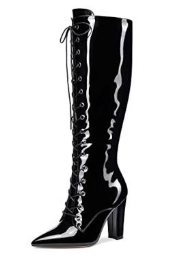 Castamere Damen Stiefel Reißverschluss Schnürsenkel Mid Calf Boots Blockabsatz 10CM High Heels Schwarz Lackleder Schuhe EU 37 von Castamere