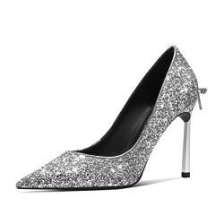 Castamere Damen Stiletto Hoher High Absatz Heel Geschlossene Spitze Zehenkappe Slip-on Pumps Bogenknoten Hochzeit Party Sexy Dress Klassisch Schuhe Silber 39 EU von Castamere