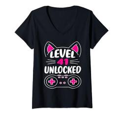 Damen 41. Geburtstag Mädchen Katzenliebhaber Videospiel Level 41 freigeschaltet T-Shirt mit V-Ausschnitt von Cat Lover Video Game Birthday Level Unlocked