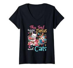 Damen Girl Runs On Jesus And Cats Cute Flowers Christian Cross T-Shirt mit V-Ausschnitt von Cat Vacations Costume