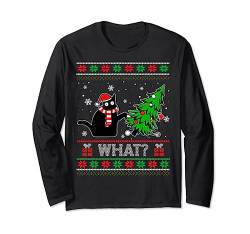 Lustige schwarze Katze What? Pushing Christmas Tree Ugly Sweater Langarmshirt von Cat What Xmas Men & Women Ugly Pajama Meme Shirt