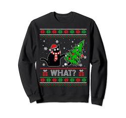 Lustige schwarze Katze What? Pushing Christmas Tree Ugly Sweater Sweatshirt von Cat What Xmas Men & Women Ugly Pajama Meme Shirt