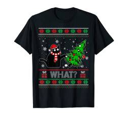 Lustige schwarze Katze "What?" Pushing Christmas Tree Ugly Sweater T-Shirt von Cat What Xmas Men & Women Ugly Pajama Meme Shirt