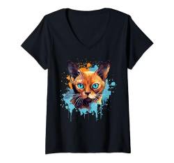 Damen Buntes burmesisches Katzengesicht Splash Art T-Shirt mit V-Ausschnitt von Cats Art Apparel