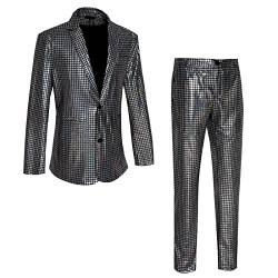 Caxndycing 2 Stück Herren Disco Sets Metallic Pailletten Anzüge 70er Jahre Disco Kostüm inklusive glänzender Jacke und Hose Metallic Pailletten Slim Anzug Zweiteiliges Set Abschlussball Outfit von Caxndycing