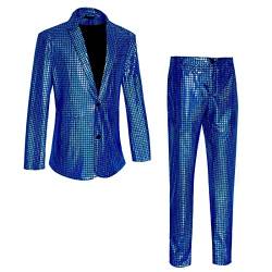 Caxndycing 2 Stück Herren Disco Sets Metallic Pailletten Anzüge 70er Jahre Disco Kostüm inklusive glänzender Jacke und Hose Metallic Pailletten Slim Anzug Zweiteiliges Set Abschlussball Outfit von Caxndycing