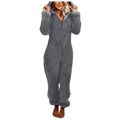 Caxndycing Damen Winter Onesie Schlafoverall Ganzkörperanzug Reißverschluss Jumpsuit Damen Teddy Fleece Einteiler Overall Anzug Flauschig Schlafanzug Plüsch Kuschelig Overall Hausanzug von Caxndycing