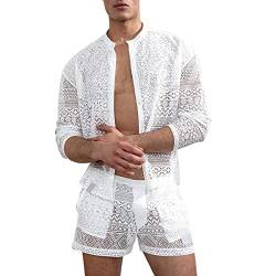 Caxndycing Herren 2 Stück Sexy Transparent Schlafanzug Sommer Hohlen Netz Hausanzug 2 Teile Durchsichtig Langarm Hemden und Shorts Set Männer Mode Sleepwear Loungewear mit V-Ausschnitt von Caxndycing