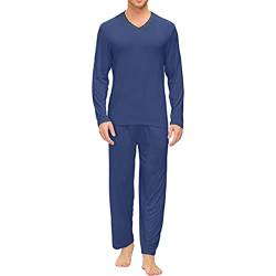 Caxndycing Herren Schlafanzüge Zweiteilig Lang Pyjama Set Weich Nachtwäsche Langarm Bambus Sleepwear mit V-Ausschnitt Herren Set Schlafanzug lang Bequemer Pyjama Set Für Männer von Caxndycing