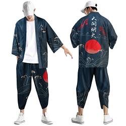 Caxndycing Herren Traditionelle Oberteile und Shorts Sets Japanische Kimonos für Männer Kimono Cardigan Japan Happi Kimono Frühling Nachthemd Bademantel Nachtwäsche für Männer Outfit Set von Caxndycing