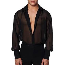 Caxndycing Herren Transparent Langarmshirt Durchsichtig Netzhemd Mesh Top Netz Shirt Hemd Sexy Erotik Unterwäsche Clubwear Slim Fit Lange Hemden für Nachtclub Fashion Clubwear von Caxndycing