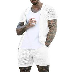 Caxndycing Herren Transparent Schlafanzug Set Mesh Pyjama Kurz Sexy Nachtwäsche Button Down Kurzarm Hemd Oberteil Boxershorts Sommer Sleepwear Freizeitanzug von Caxndycing