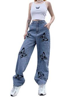 Caziffer Breites Bein-Jeans für Damen mit hoher Taille, Jeans, gerade breit, lässig, bedruckt, mit Schmetterling und Herz, Hose aus Denim Y2K Streetwear Fashion, Blauer Schmetterling., L von Caziffer