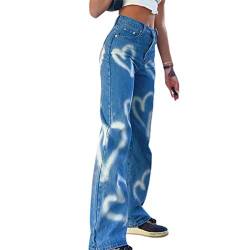 Caziffer Breites Bein-Jeans für Damen mit hoher Taille, Jeans, gerade breit, lässig, bedruckt, mit Schmetterling und Herz, Hose aus Denim Y2K Streetwear Fashion, Blaues Herz, L von Caziffer