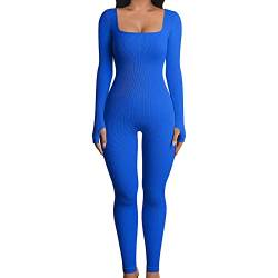 Caziffer Damen Sport Jumpsuit Yoga Overall Frauen Sexy Gerippte Strick Yoga Overalls Square Neck Langarm Sport Bodycon Bodysuit Mode Outfits (Blau, M) von Caziffer