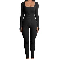 Caziffer Damen Sport Jumpsuit Yoga Overall Frauen Sexy Gerippte Strick Yoga Overalls Square Neck Langarm Sport Bodycon Bodysuit Mode Outfits (Schwarz, M) von Caziffer