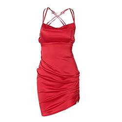 Caziffer Sexy Bodykleid mit Riemen für Damen, Mini-Sommerkleid mit Trägern, gerüscht, Abendkleid mit Schnürsenkeln, Y2K Streetwear Tanktop-Kleider E-Girl 90er Jahre, rot, XL von Caziffer