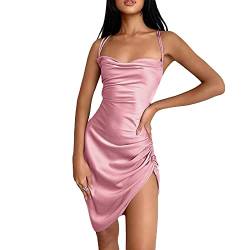 Caziffer Sexy Damen-Kleid mit Riemen, figurbetontes Mini-Kleid, Sommerkleid mit Schulterriemen, gerafft, Abendkleid mit Schnürung, Y2K Streetwear, E-Girl 90er Jahre, Rosa, L von Caziffer