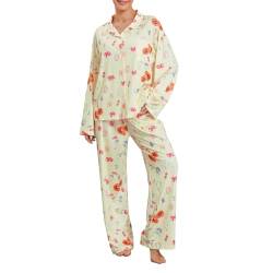 Caziffer Y2K Langarm-Pyjama-Set für Damen, Erdbeer-Druck, Umlegekragen, Button-Up-Tops und Hose, 2-teiliges Nachtwäsche, Loungewear-Outfits, Ein Gelb, 38 von Caziffer