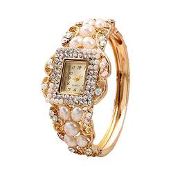 CdyBox Damen-Armbanduhr mit Perlen und Blumen-Design, rundes Zifferblatt, Quarz-Armband, Armbanduhr, Diamant-Schmuck von CdyBox