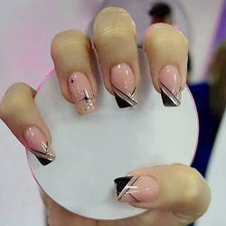 24 Stück Eckig Nägel Zum Aufkleben Kurz, Französisches Tipp Press On Nails Schwarz Künstliche Nägel, Full Cover Falsche Nägel mit Dreieck Design für Frauen und Mädchen Party und Heimat DIY von Ceboic