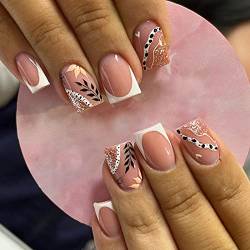 24 Stück Falsche Nägel Eckig Kurz, Französischer Tipp Kunstnägel Press on Nails, Kunstnägel Nägel Zum Aufkleben mit Schwarze Blätter Design, Acryl Fingernägel Fake Nails für Frauen und Mädchen von Ceboic