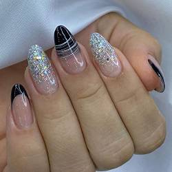 24 Stück Falsche Nägel Mandel Mittel, French Schwarz Künstliche Nägel mit Design, Glossy Glitzer Kunstnägel Nägel Zum Aufkleben, Acryl Fingernägel Fake Nails Kurz für Frauen Mädchen von Ceboic