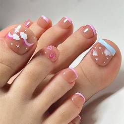 24 Stück Falsche Zehennägel Kurze, 12 Größen Nude Künstliche Fußnägel Tips Regenbogen & Wolken Französische Zehennägel zum Aufkleben, Full Cover Acryl Toe Nails für Damen Frauen Nagelkunst DIY von Ceboic