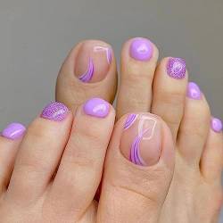 24 Stück Falsche Zehennägel Kurze, Nude Lila Künstliche Fußnägel Tips Glänzend Französische Zehennägel zum Aufkleben, Full Cover Acryl Toe Nails für Damen Frauen Nagelkunst DIY von Ceboic