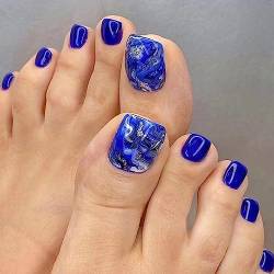24 Stück Falsche Zehennägel Kurze Quadratische, 12 Größen Nude Künstliche Fußnägel Tips mit Nagelkleber Aufkleber, Blau Glänzend Französische Zehennägel zum Aufkleben Acryl Toe Nails für Damen Frauen von Ceboic