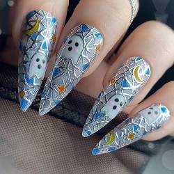 24 Stück Halloween Künstliche Nägel Zum Aufkleben Mandel Lang, Niedlich Geist Press on Nails French Tips Kunstnägel mit Klebepads, Stiletto Ballerina Acryl Falsche Nägel für Frauen und Mädchen von Ceboic