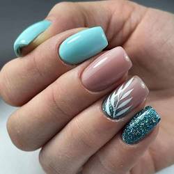 24 Stück Press on Nails Eckig Kurz, Glitzer French Künstliche Nägel, Natural Kunstnägel Nägel Zum Aufkleben mit Nagelkleber Aufkleber, Blätter Design Acryl Fingernägel Fake Nails für Frauen von Ceboic