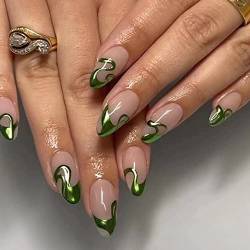 24 Stück Press on Nails Mandel Kurz, Grüne Wellenlinien French Künstliche Nägel, Oval Kunstnägel Nägel Zum Aufkleben mit Nagelkleber Aufkleber, Acryl Fingernägel Fake Nails für Frauen von Ceboic