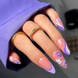 24 Stück Press on Nails Mandel Kurz, Rosa Lila French Künstliche Nägel, Oval Kunstnägel Nägel Zum Aufkleben mit Nagelkleber Aufkleber, Blumen Design Acryl Fingernägel Fake Nails für Frauen von Ceboic