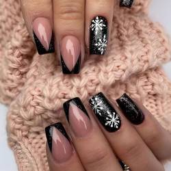 Ceboic 24 Stück Französische Press on Nails Kurz, Square Künstliche Nägel Weihnachten Schwarz Weiß Schneeflocke Nägel Zum Aufkleben, Natürlich Acryl Fingernägel Fake Nails für Frauen und Mädchen von Ceboic