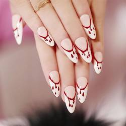 Ceboic 24 Stück Halloween Falsche Nägel Mandel Mittellang French Press on Nails Glossy Natürliche Kunstnägel Nägel Zum Aufkleben Full Cover Fingernägel Fake Nails für Frauen (Rote Blutträne) von Ceboic