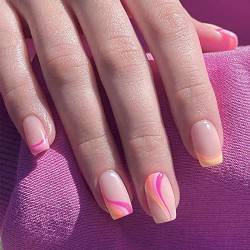 Ceboic 24 Stück Künstliche Nägel Press on Nails kurz, Viereckig French Welle Design Nägel Zum Aufkleben, Sommer Orange Rosa Acryl Fingernägel Full Cover Fake Nails Kurz für Frauen von Ceboic