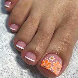 Ceboic 24 Stück Künstliche Zehennägel Kurz Französische Falsche Zehennägel Ballerina Quadratische Acryl Fußnägel zum Aufkleben Natürliche Toe Nails Tips für Frauen Mädchen(Gelb Blume) von Ceboic